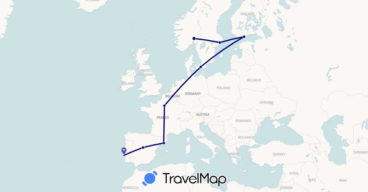 TravelMap itinerary: driving in Denmark, Spain, Finland, France, Norway, Portugal, Sweden (Europe)